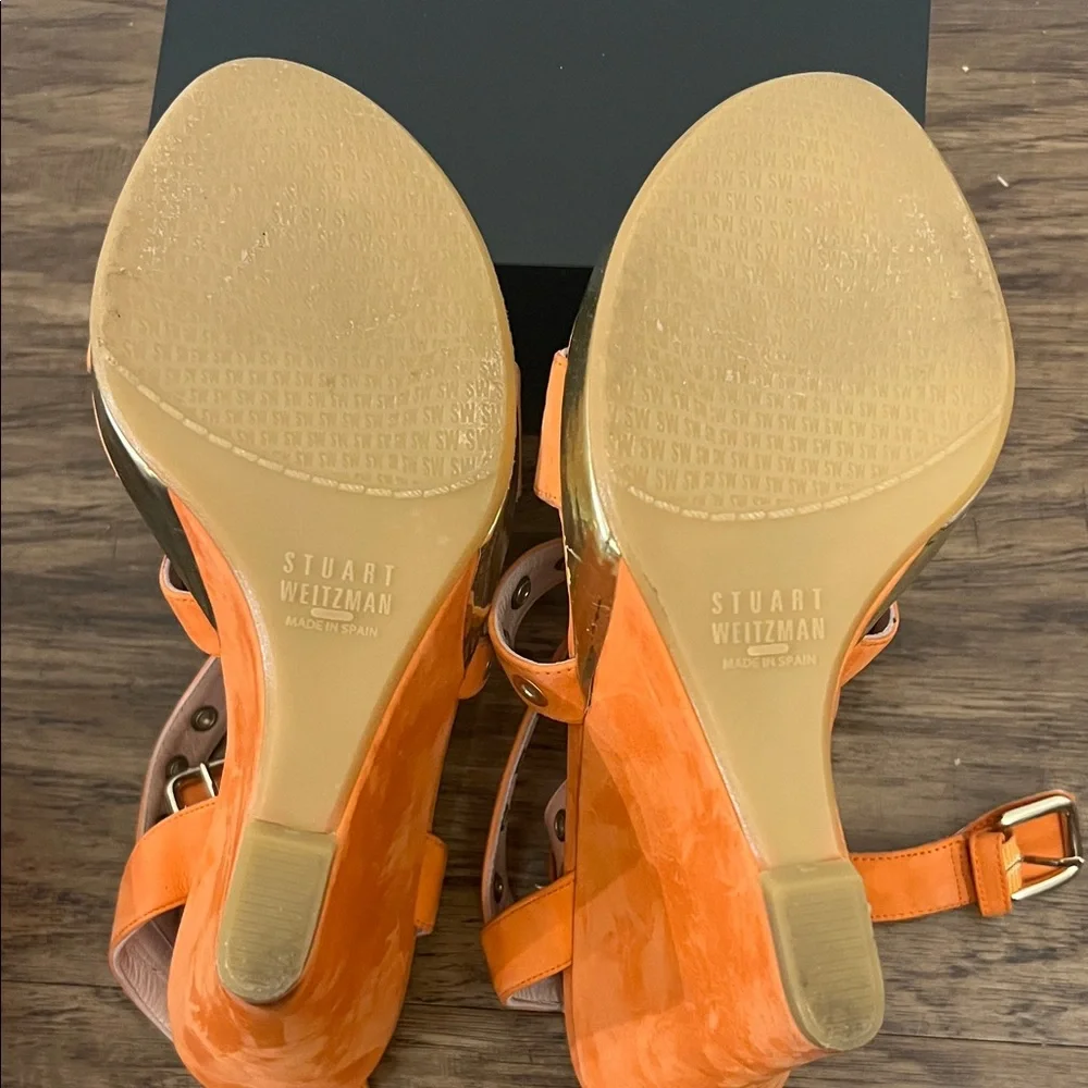 Stuart Weitzman Vibrant Orange Wedge Sandal Heels - Picture 6 of 6